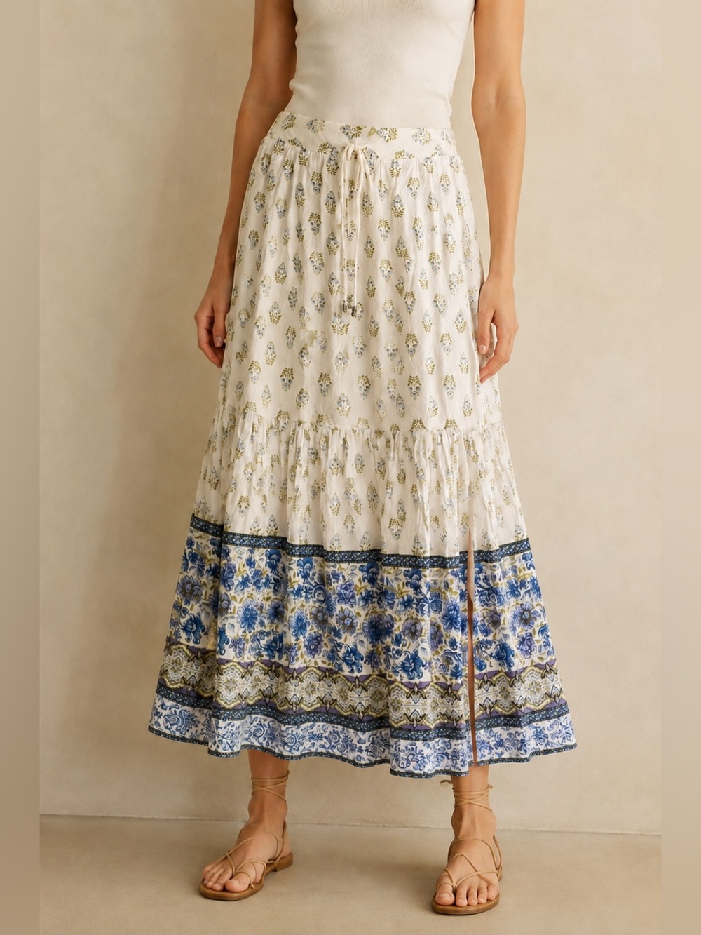 Vintage ANGIE Blue Floral Tiered Maxi Skirt Medium Boho NWT